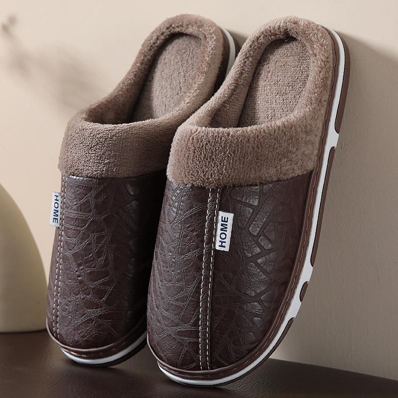 Women's Non-Slip PU Leather Indoor/Outdoor Slippers - Velvet-Lined Thick Sole for Autumn & Winter