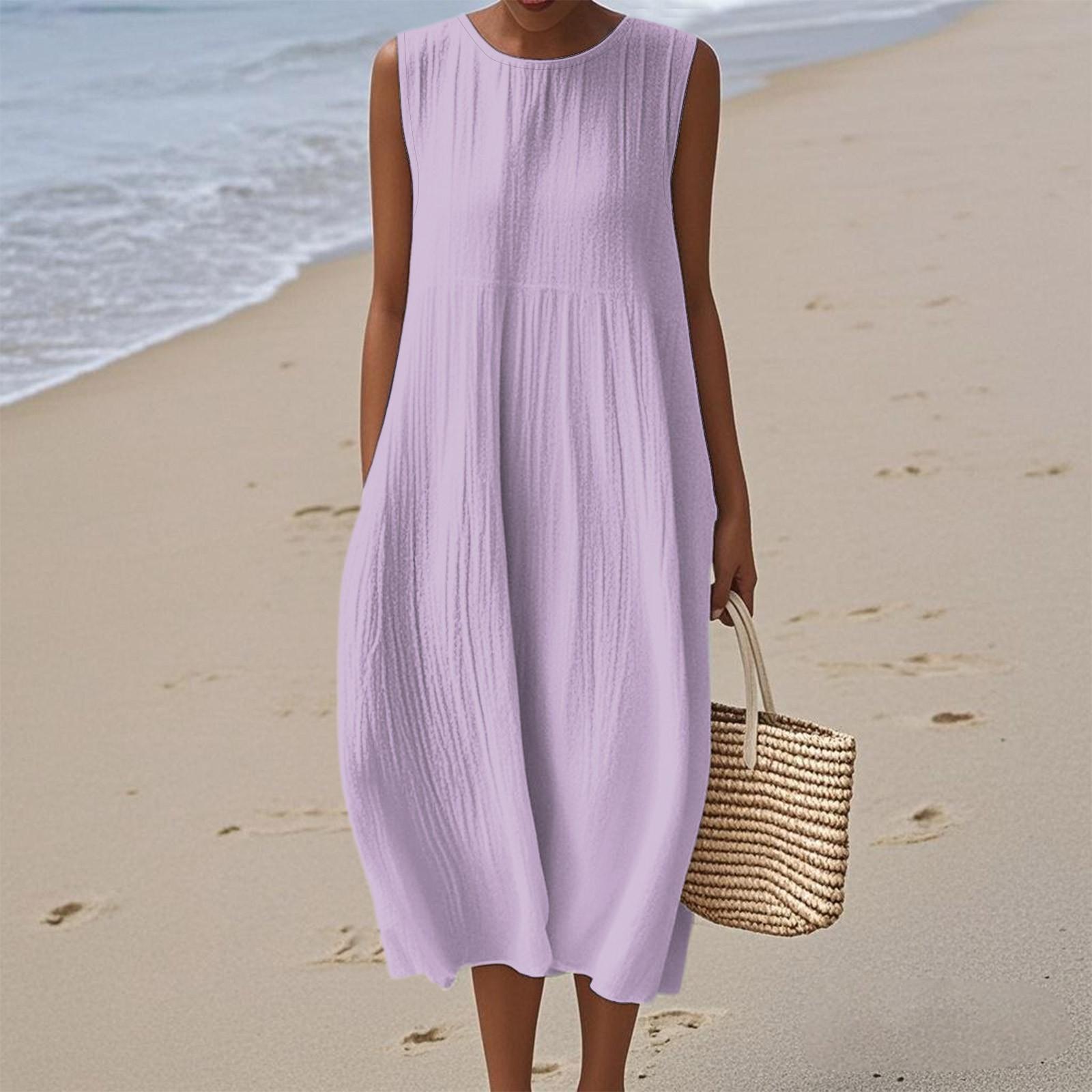 Women’s Sleeveless Round Neck Midi Dress Elegant Loose Fit Casual Solid Design Lightweight Comfortable Summer Apparel XXL фиолетовый