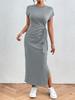Women's Striped Midi Dress with Tie Waist and Side Slit