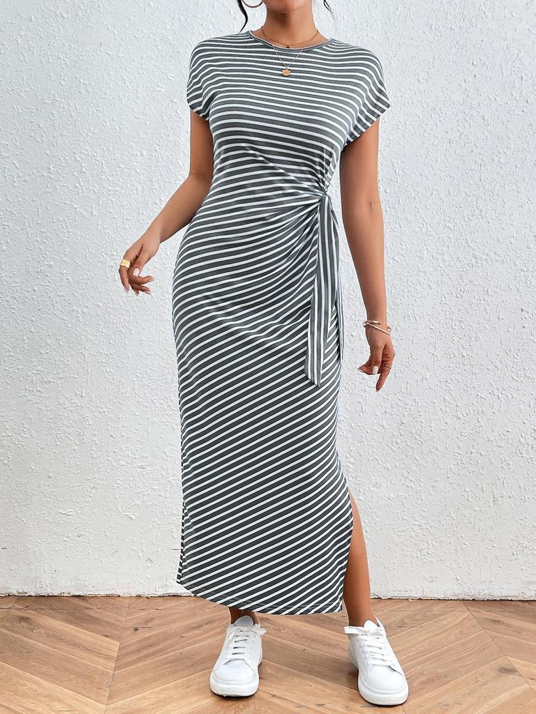 Women's Striped Midi Dress with Tie Waist and Side Slit