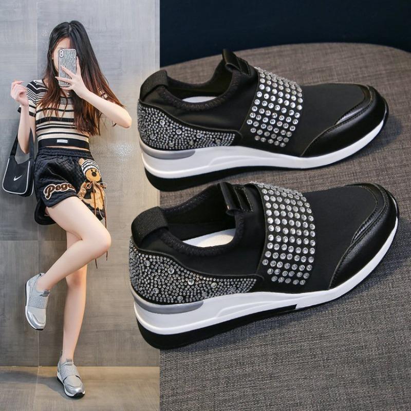 Large size casual single shoes women's rhinestone slope heel heightening single shoes women