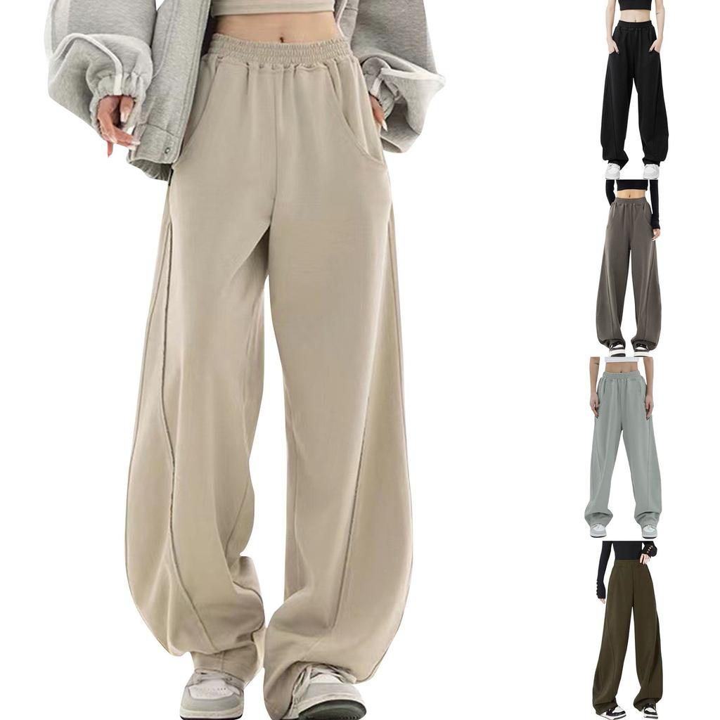 Sports Pants Women's Casual New Elastic Pockets Straight Tube Loose Sanitary Pants Trendy Wide Leg Pants