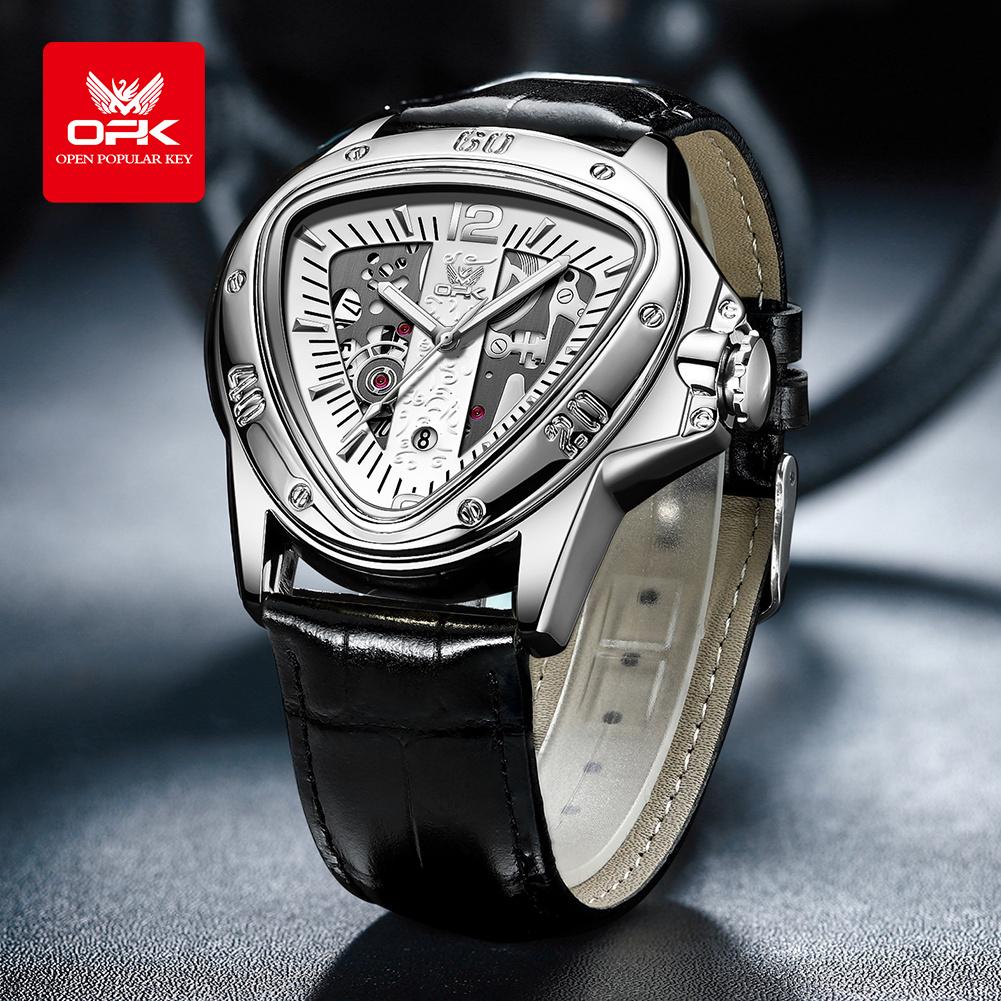 

OPK Модные оригинальные кварцевые часы для мужчин, роскошный треугольный циферблат, водонепроницаемые, люминесцентные, кожаные, часы для делового человека белый/серебряный
