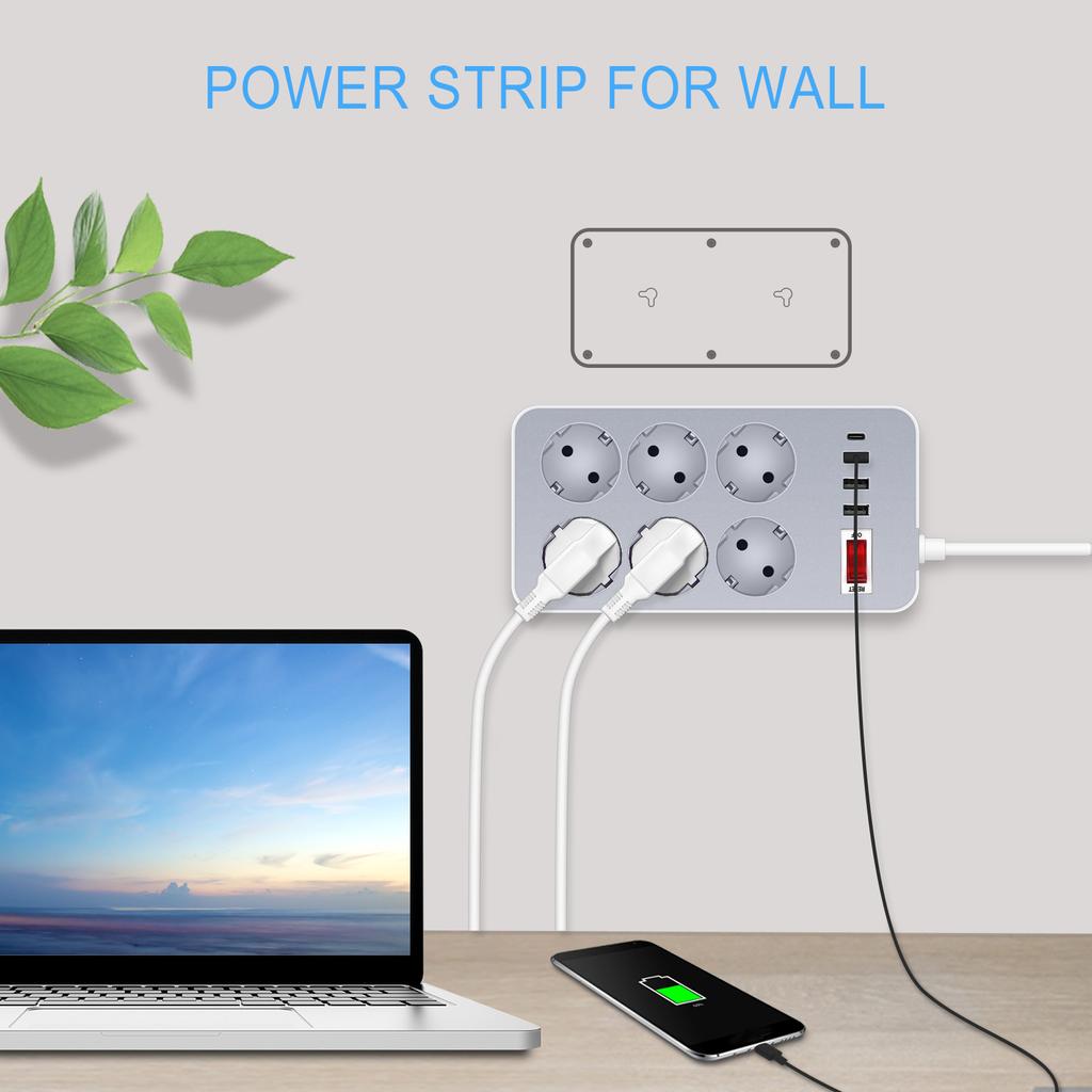 10 In 1 Power Strip Multi Outlet Socket with 1.2 Meter Long Cord 6 Outlet 4 USB Port for Home Office Hotel EU Plug