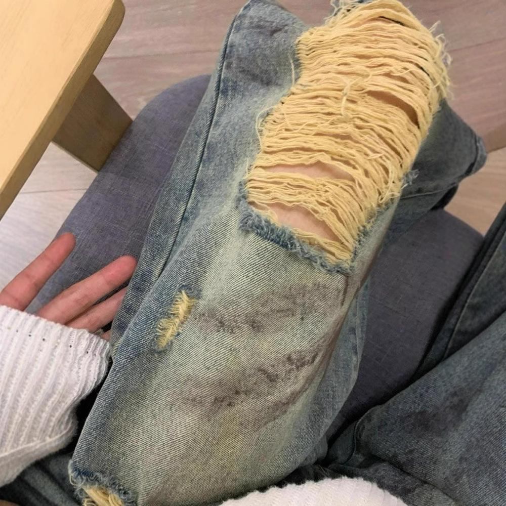 Wide Leg Jeans Women Summer Hole Design Sense Pants High Waist Large Yards Loose Beggar Pants Retro Street Style Baggy Long Jeans for Ladies