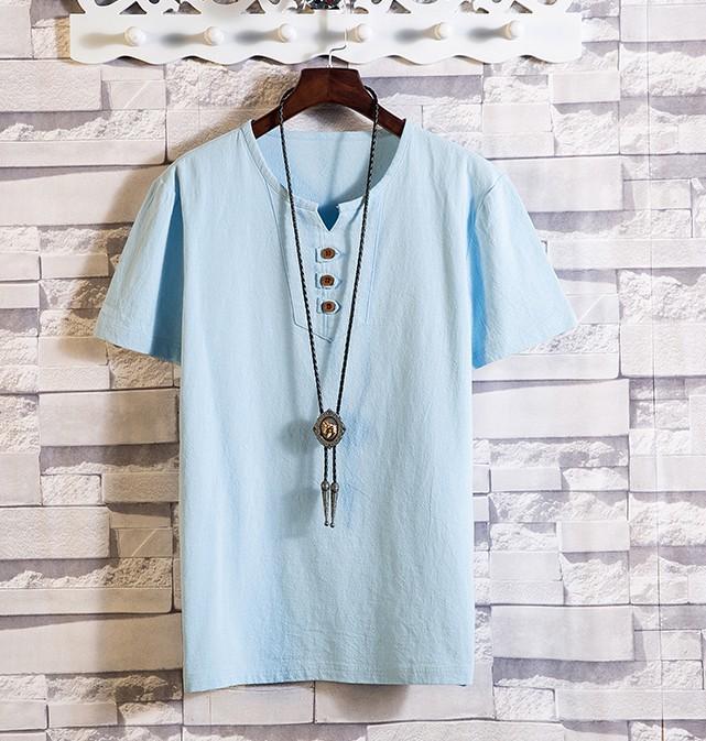 Men's Large-Size Chinese Style Casual T-Shirt - Solid Color  Imitation Cotton and Linen Short-Sleeved