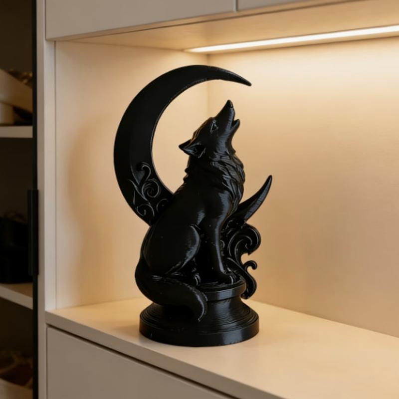 3D Printed Wolf Sculpture with Visible Layered Texture, Moon and Scrollwork Composition for Animal-Themed Entryway or Living Room Decors