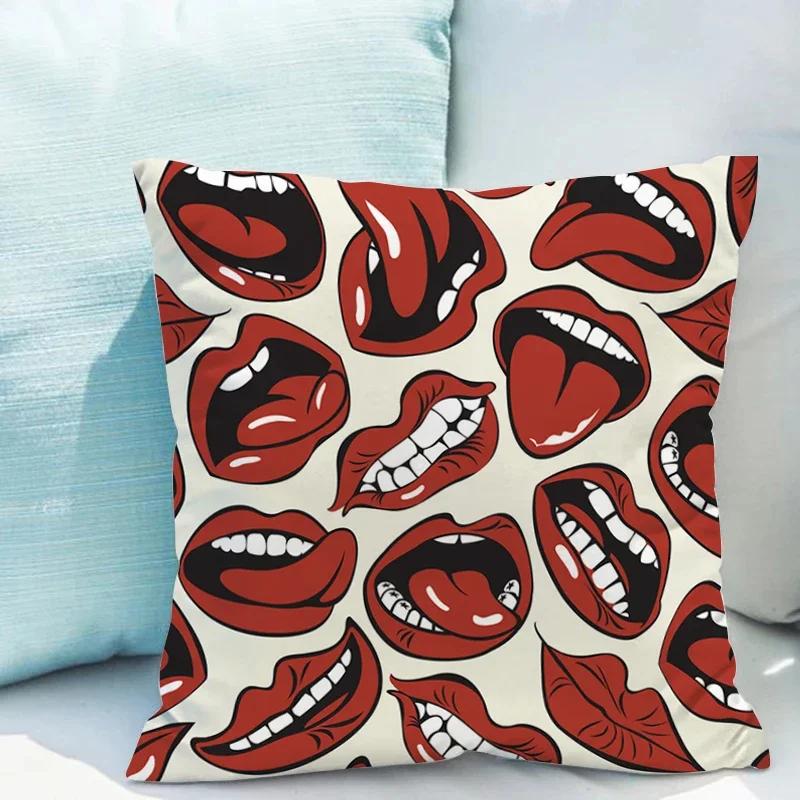 Cover Cushion Covers Sofa Mouth Illustration Double-sided Printing Decorative Pillows for Bed Bedroom Couch Short Plush Pillow