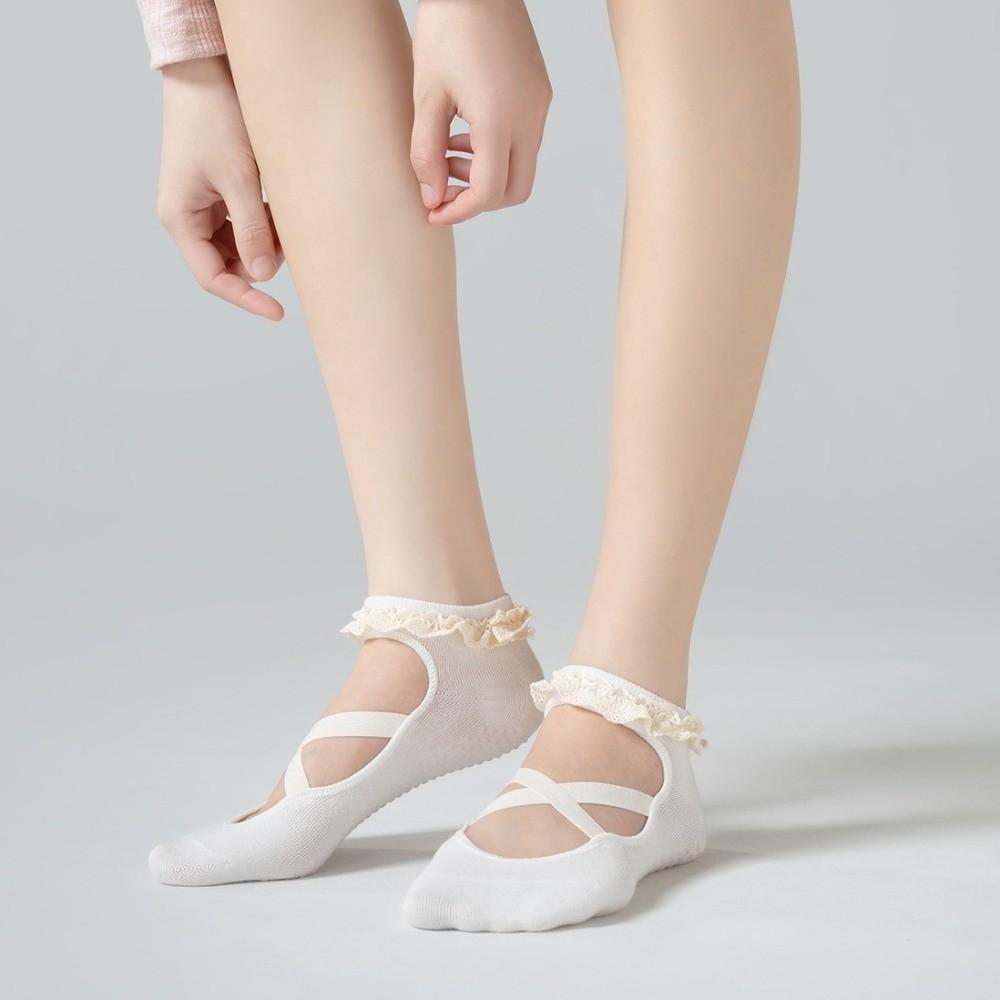 Lace Trim Bias-cut Ankle Socks Cross Strap Pilates Socks Gifts Yoga Socks Dance Fitness
