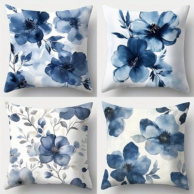 Blaues Blumen-Aquarell Kissenbezug, Sofakissenbezug Schlafzimmer, Einseitiger Druck, Ohne Kissenkern