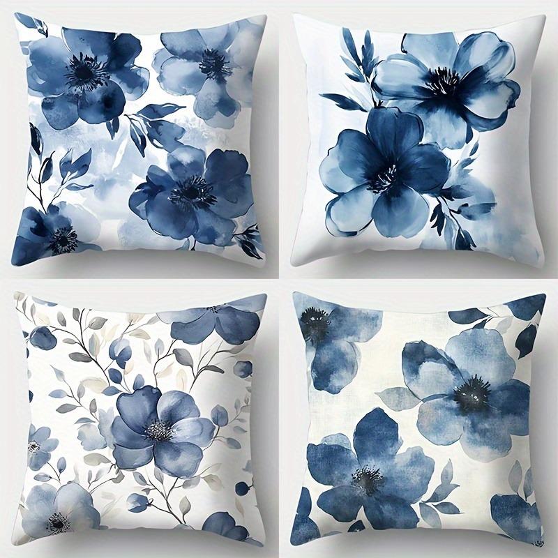 Shunika Chen Unisex Blue Floral Watercolor Pillowcase ,Sofa Bedroom Cushion Cover, Single-Sided Printing, Without Pillow Core Short Plush Material