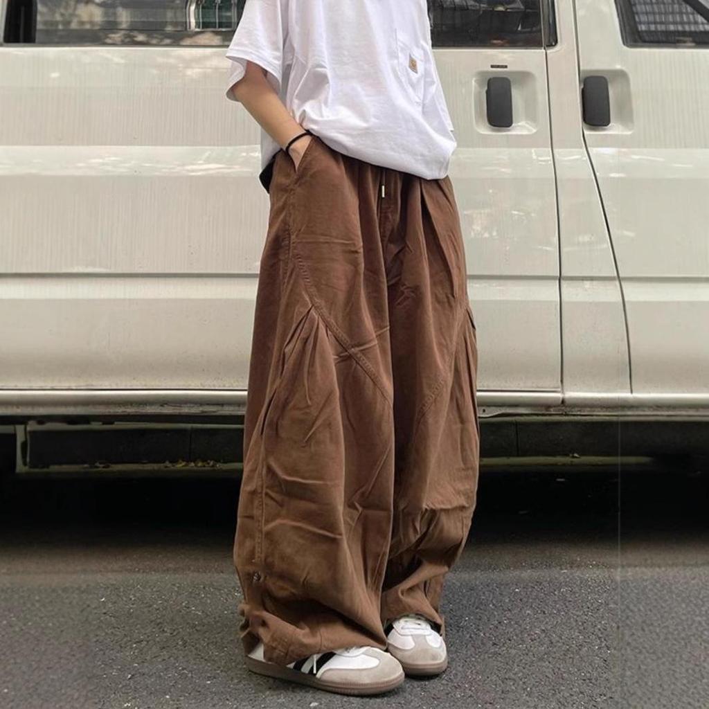 Unisex Japanese Style Coffee Pleated Wide-Leg Workwear Pants
