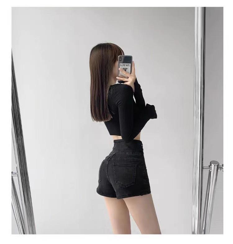 Women's Light Blue High-Waist A-Line Denim Shorts: 2025 Korean Summer Style, Elastic Waist, Casual Black Wide-Leg Design