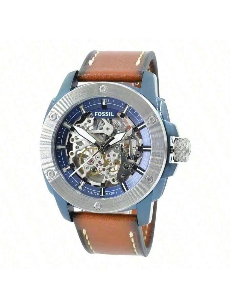 Herren-Automatik-Mechanik-Uhr, Lederarmband, 3-Zeiger-Design, Edelstahlgehäuse/Kratzfestes Glas ME3135
