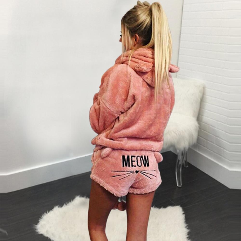 Women Two Piece Pajamas Winter Warm Plush Velvet Cute Cat Print Shorts Hooded Sweatshirt Loungewear Set S-XXXL