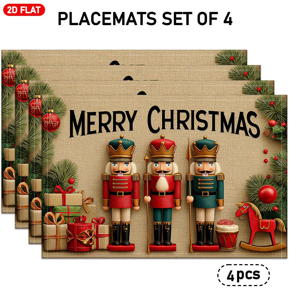 4/ 6pcs, Christmas-Themed Placemats with Nutcrackers, Gift Boxes, Pine Branches And "Merry Christmas" Lettering, Ideal for Holiday Dinner Table Decora
