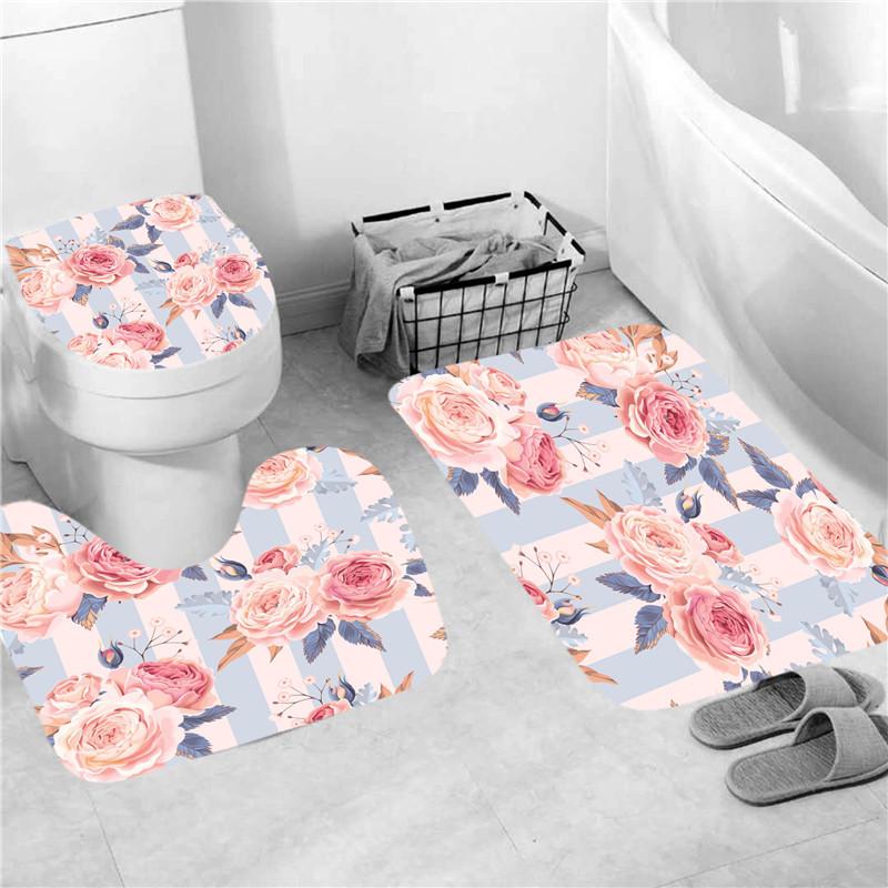 Pink Flowers Rose Elegant Printed Shower Curtain Set Waterproof Women Bathing Bathroom Pedestal Rug Lid Carpet Cortina Ducha
