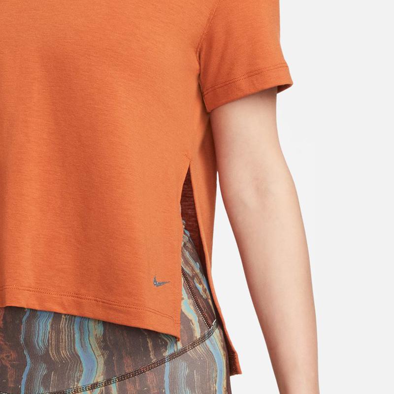 Nike Yoga Dri-FIT Solid Side Split Round Neck Sports Fashion Short Sleeve T-Shirt Women Tops Orange DM7026-246