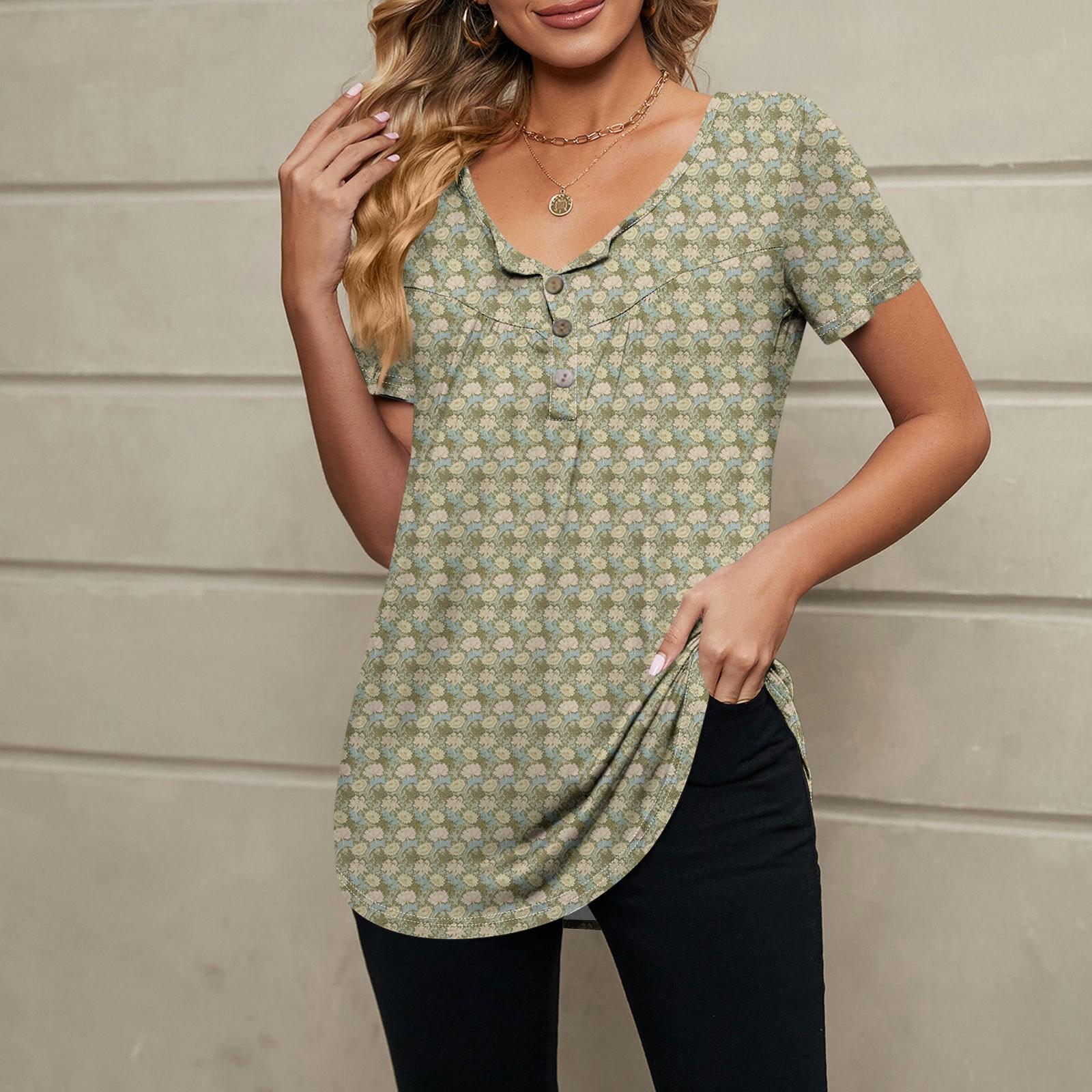 Женская модная повседневная футболка с v-образным вырезом и цветочным принтом — фото 9