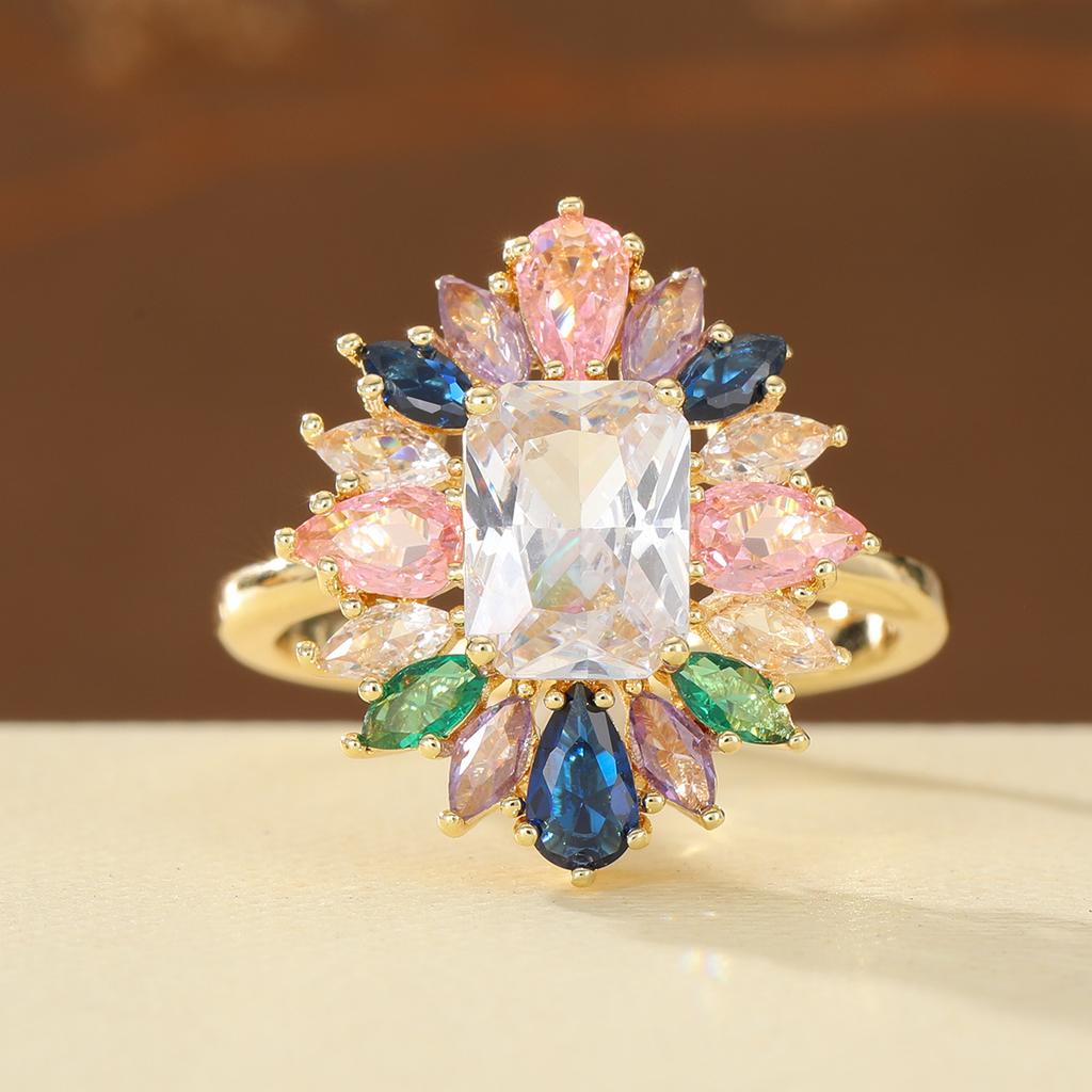 Light Luxury Colorful Floral Copper Ring Inlaid with Multi-colored Artificial Gems for Women, Suitable for Dating and Party Wear