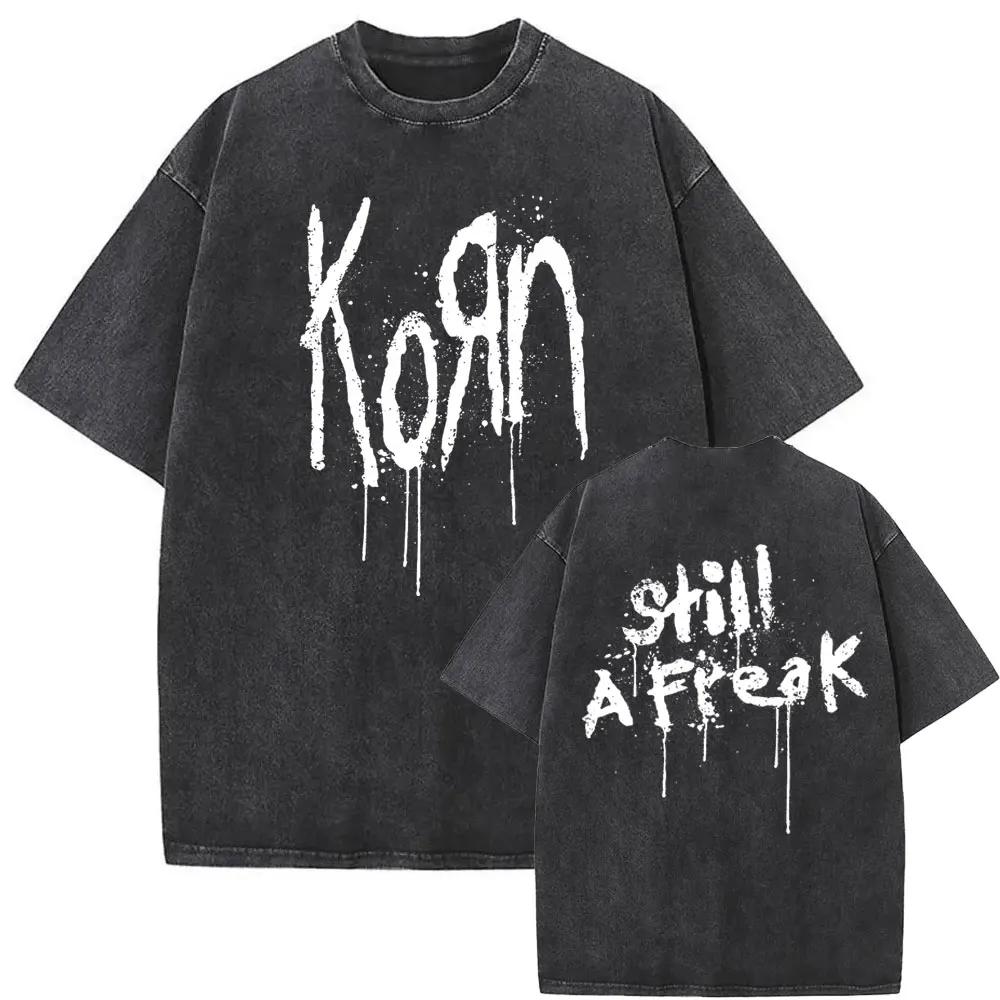 Washed Vintage Rock Band Korn Freak on A Leash Double Sided Print T Shirt Men Gothic Casual Oversized Tees Unisex Summer Tshirt