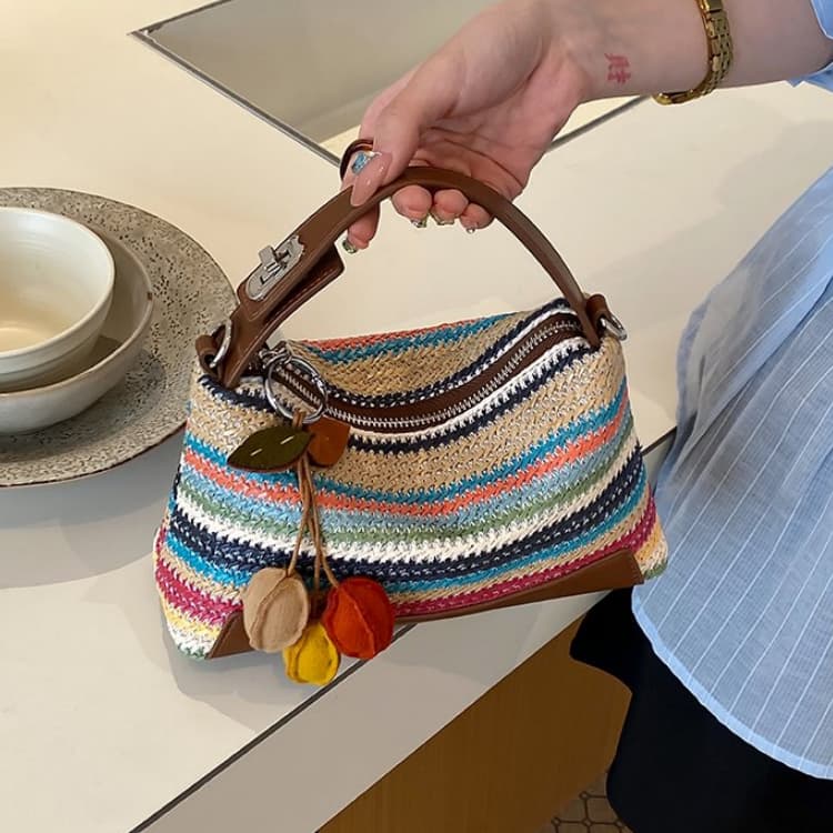 Striped Straw Baguette Small Bag Portable Messenger Women's Bag