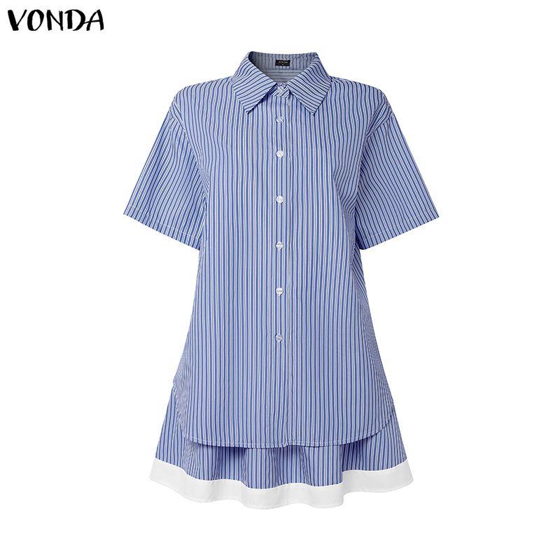 

VONDA Two Piece Suit Women Short Sleeve Lapel Neck Tops and Pleated Mini Skirts Sets 5XL синий