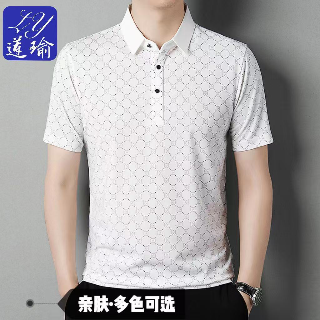 Summer Thin Ice Silk Men Polo Shirt Middle Age Loose Collar Solid Color Casual Short Sleeve T Shirt
