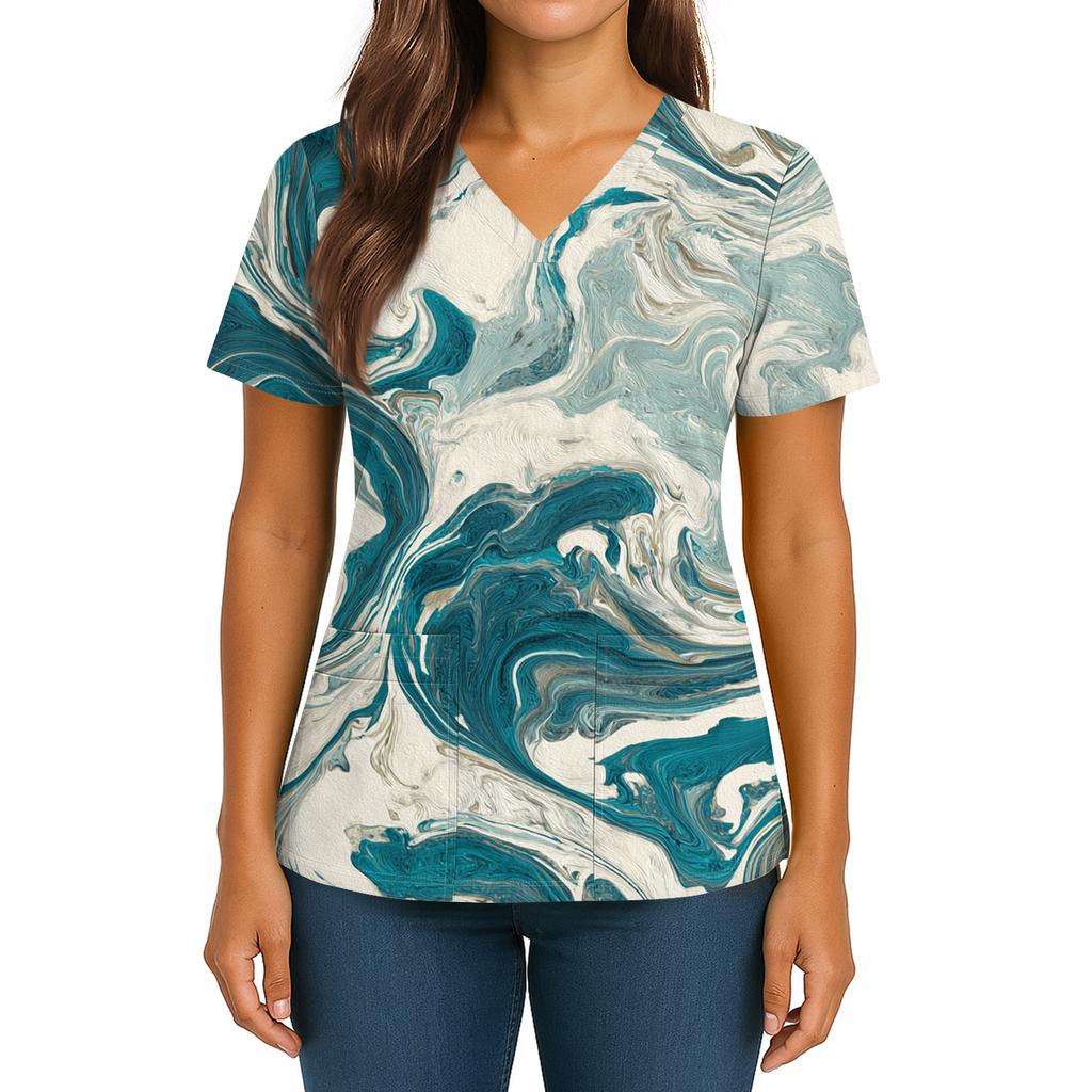 Women's Gradient Print V-Neck Double Pocket Short Sleeves Hem Slit Uniform Caregiver Top