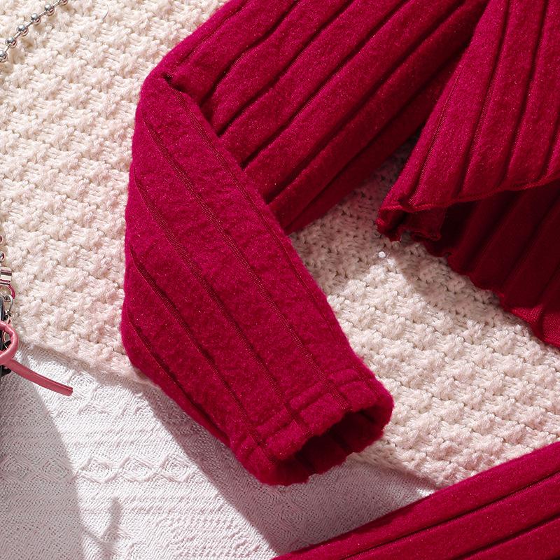 Big Girl Autumn Winter New Knitted Long Sleeve Beaded Blouse Strap Dress Set