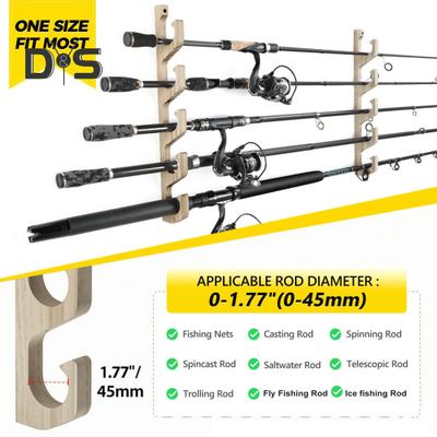 2 Pezzi Supporto da Parete Porta Canne da Pesca 5 Fessure Legno Robusto Orizzontale Espositore Organizzatore Supporto Accessori Pesca