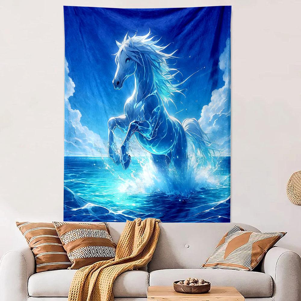 Glowing White Horse in Ocean Waves Patterned Tapestry Decorative Wall Hanging, Home Bedroom Living Room Decor