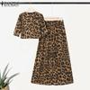 ZANZEA Womens Cropped Tops and Wide Leg Pants Leopard Print Two Piece Suit Sets
