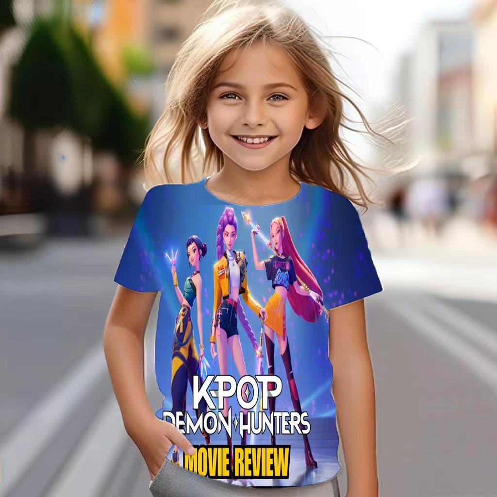 Kpop Demon Hunter Anime Printed T-Shirt Comfortable Fashionable Round Neck Kids Clothes Fashion Casual Tops Soft Girls Colorful T-Shirt