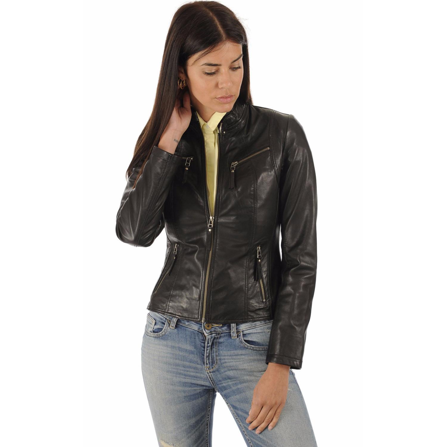 

SKINOUTFIT Women Real Leather Biker Motorcycle Jacket Genuine Lambskin Slim Fit Black Coat S чорний