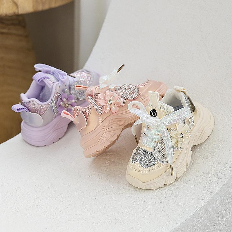 Girls' Fashionable Casual Shoes Children's Stylish Sports Shoes Rhinestone Sequined Dad Shoes Girls' Princess Shoes