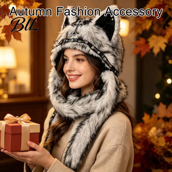 Accessoires de Cosplay Uniques Chapeau Animal en Peluche Mignon, Couvre-chef Oreilles de Chat Poilues, Chapeau Chaud d'Hiver Casquette Douce pour Costume de Fête d'Halloween, Couvre-chef
