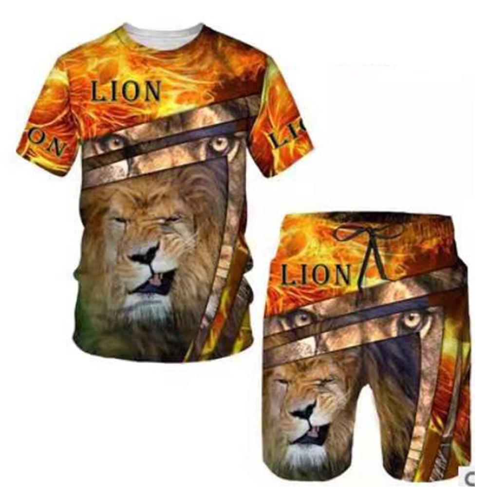 Summer Lion Animal Pattern Printed Men's Casual Comfortable Loose Short Sleeved Two-piece Sport Wear