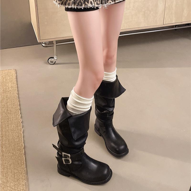 Stylish Retro Round Head Pleated Stacking Boots Foldable In Autumn And Winter Two-Wear Spice Girl Western Cowboy Boots Look Thin And Long
