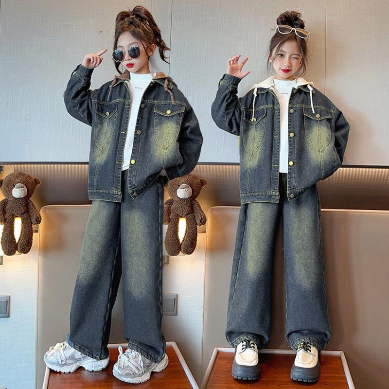 Girls' Denim Set, Autumn/Winter Style, Hooded Jacket and Wide-Leg Pants Two-Piece Set