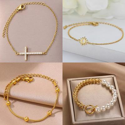 Pulseras de Cruz de Cristal Para Mujer Hombre Moda Color Oro Acero Inoxidable Pulsera de Cruz Vintage Religión Estética Joyería Regalo