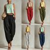 Women's High Elastic Waist Solid Linen Textured Loose Fit Cuffed Harem Long Casual Pants