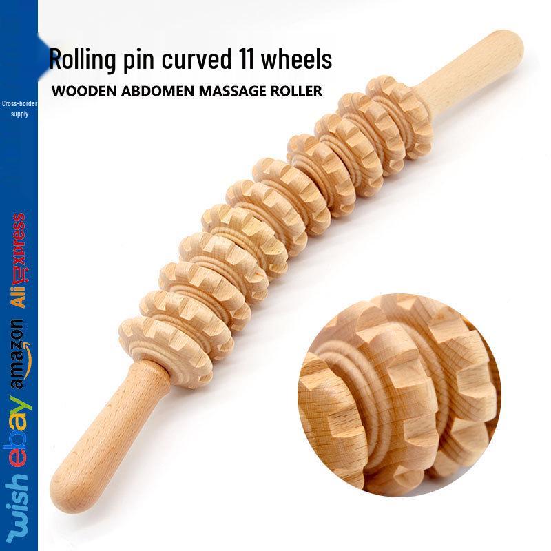 Beech Wood 11-Wheel Curved Massager Stick for Abdomen and Neck, Home Use Beech Curved Handle 11-Wheel (In Stock)