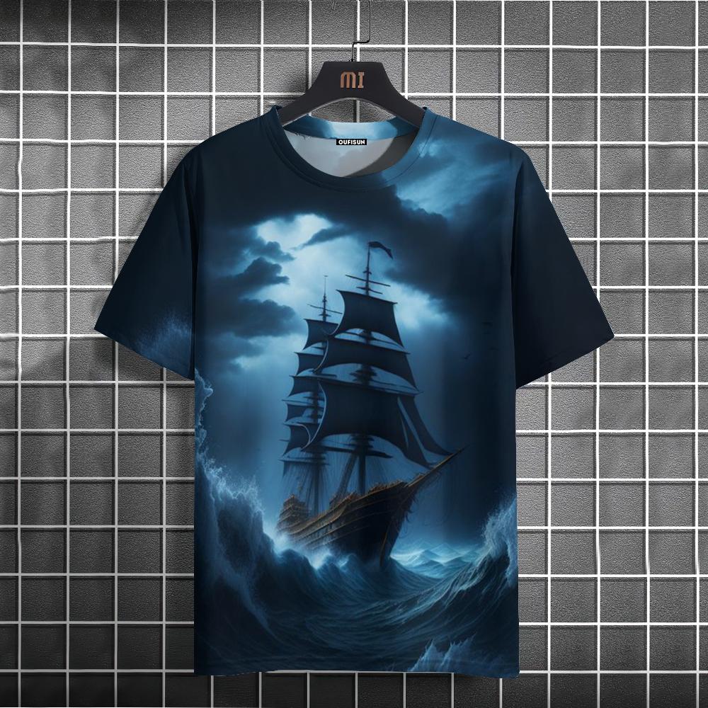 Men's retro T-shirt sailing outdoor sports leisure couple 3D printing T-shirt