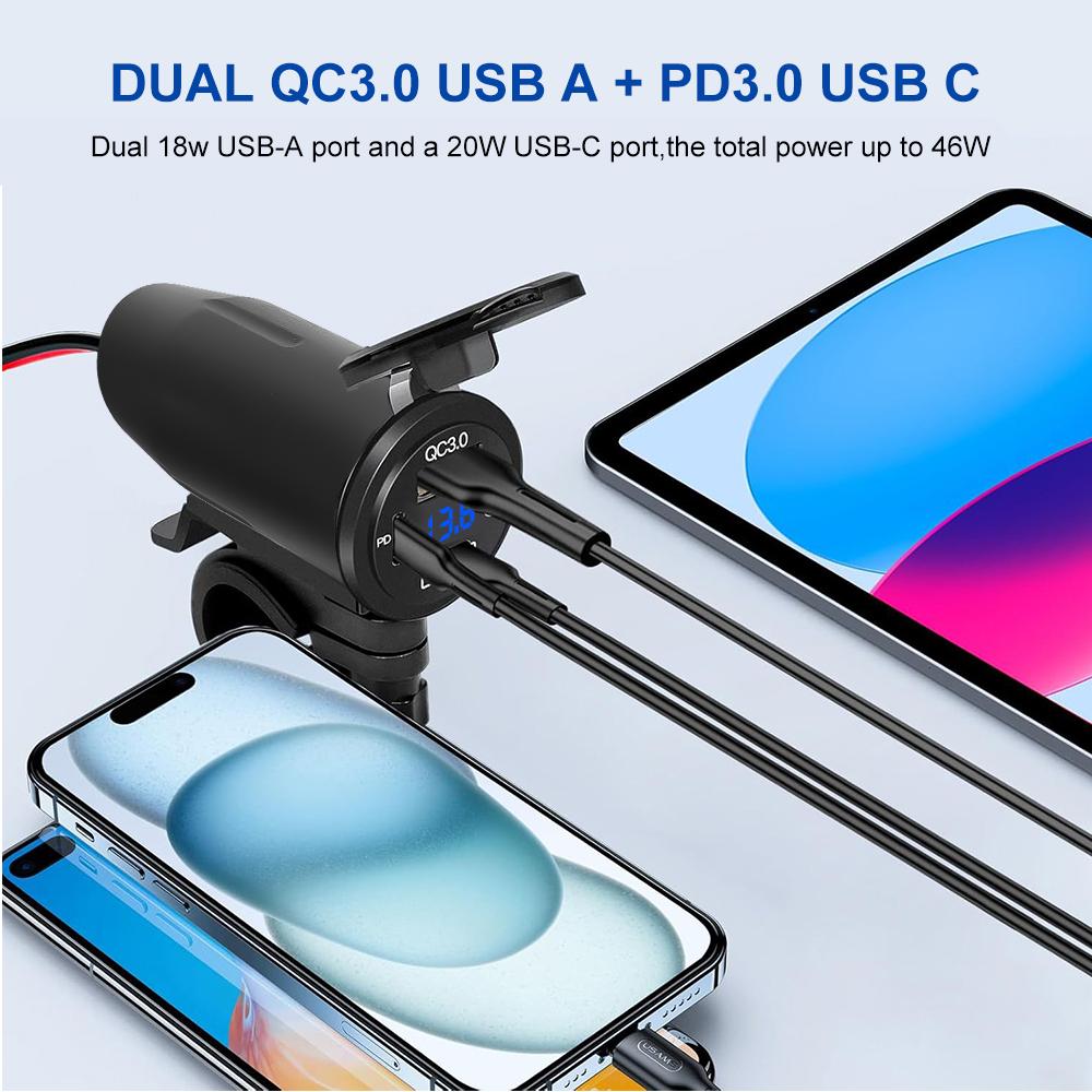 Motorcycle USB Fast Charger Waterproof Type C Port Socket Connector with Voltmeter Digital Charge 12V Power Adapter