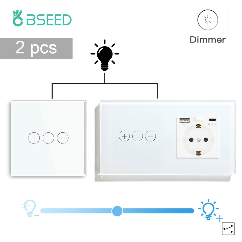 BSEED LED Touch Dimmer Schalter Wanddimmer 1-fach 2-Wege Sensor Schalter Plus EU Steckdosen USB Typ-c Gehärtetes Glas Wasserdicht 2er Pack