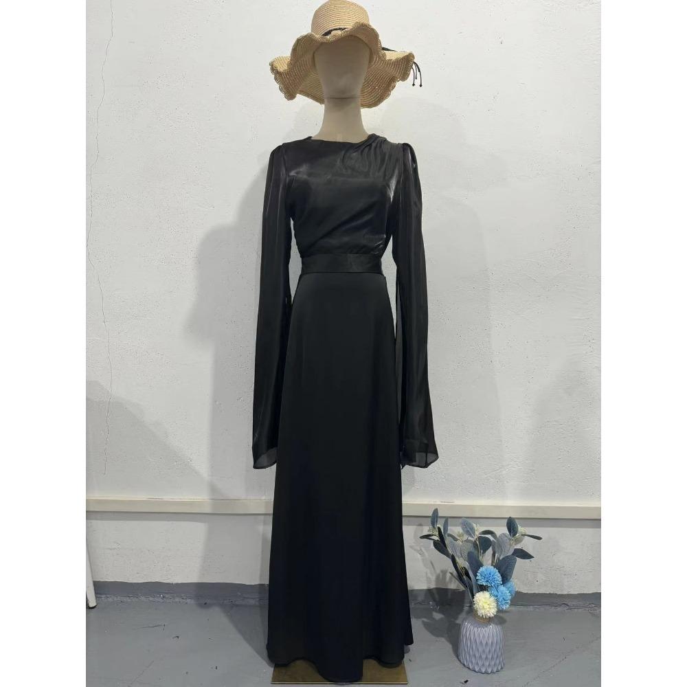 Fashion Satin Solid Robe Dress Ladies Temperament O-neck Slim Evening Dress Elegant Batwing Sleeves High Waist Pleats Long Dress