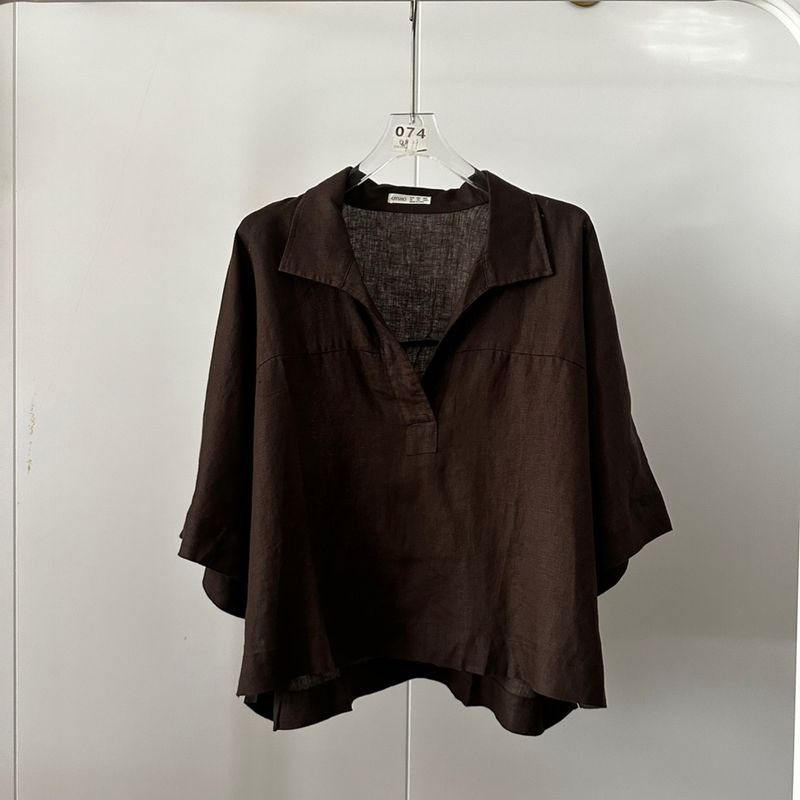 

Ozhouzhan Export Overplus Order Summer Women clothes Linen Cotton and Linen Deep V Loose Large Version Short sleeve Shirts Shirt Brown XS