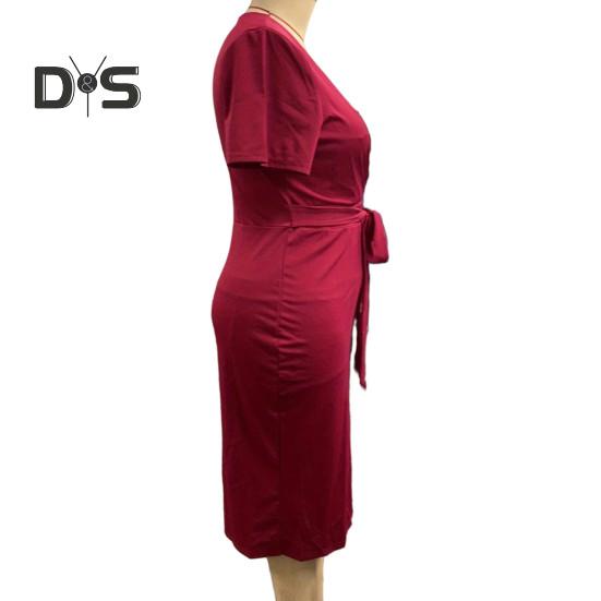 Women Dress V Neck Plus Size Short Sleeve Belted Tight Waist Solid Color Sheath Slim Fit Mid Calf Length Soft Evening Dress Formal Midi Dress