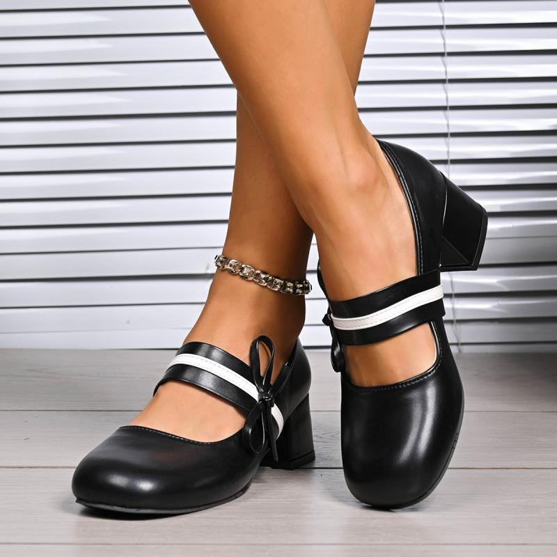 Fashion Vintage Square Toe Bowknot Decoration Pu Mary Jane Shoes Women 2025 Summer Medium Heel Dress Pumps Elegant Autumn Office Pumps